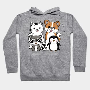 Cute and funny cat, dog, raccoon, and penguin Hoodie